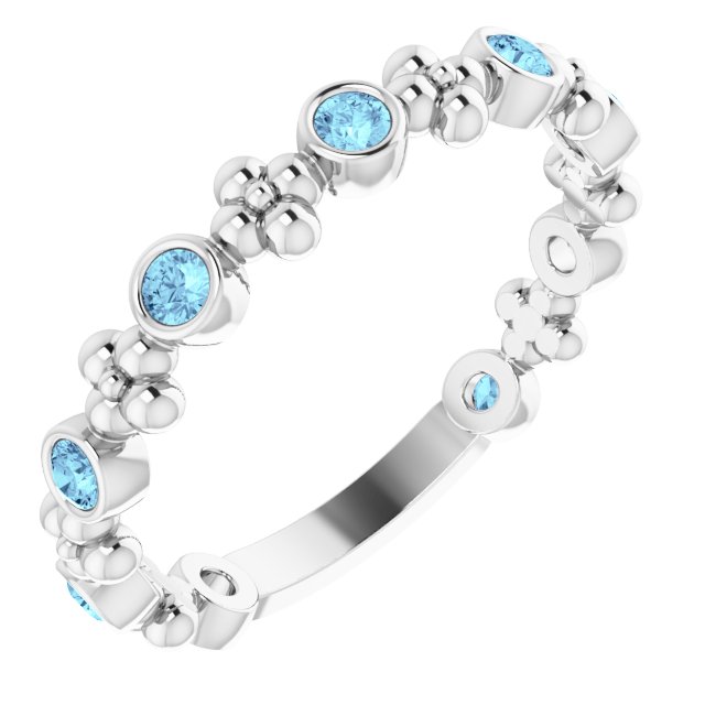 Platinum Round Natural Aquamarine Beaded Ring – 2mm Stones