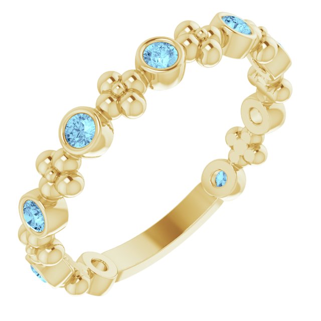14K Gold Round Natural Aquamarine Beaded Ring – 2mm Stones - Yellow Gold