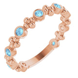 14K Gold Round Natural Aquamarine Beaded Ring – 2mm Stones - Rose Gold
