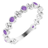 14K Gold Round Natural Amethyst Beaded Ring – 2mm Stones - White Gold