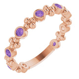 14K Gold Round Natural Amethyst Beaded Ring – 2mm Stones - Rose Gold