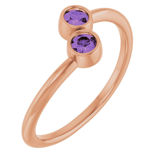 14K Gold Round Natural Amethyst Two-Stone Ring - Rose Gold