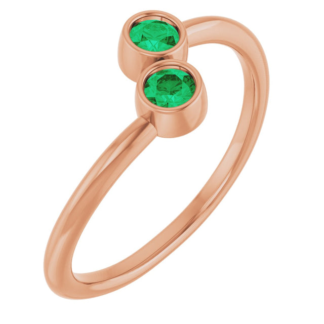 14K Gold Round Natural Emerald Two-Stone Ring - Rose Gold