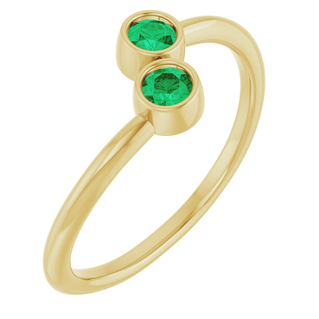 14K Gold Round Natural Emerald Two-Stone Ring - Yellow Gold