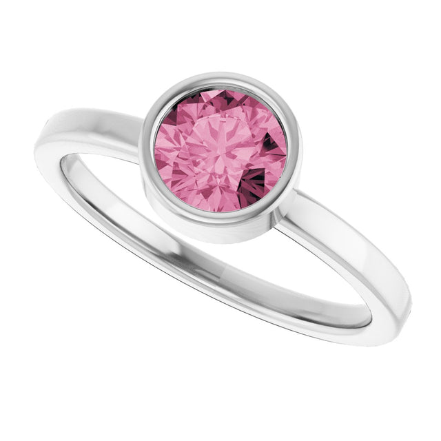 Platinum Round Natural Pink Tourmaline Bezel-Set Solitaire Ring - view 5