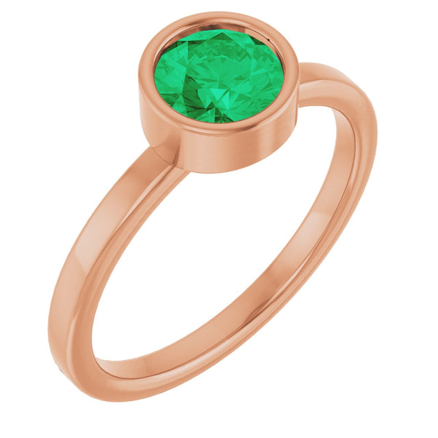 14K Gold Round Natural Emerald Bezel-Set Solitaire Ring - Rose Gold