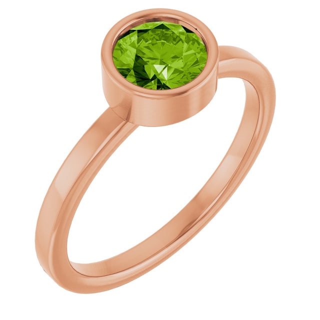 14K Gold Round Natural Peridot Bezel-Set Solitaire Ring - Rose Gold