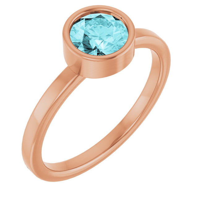 14K Gold Round Natural Blue Zircon Bezel-Set Solitaire Ring - Rose Gold
