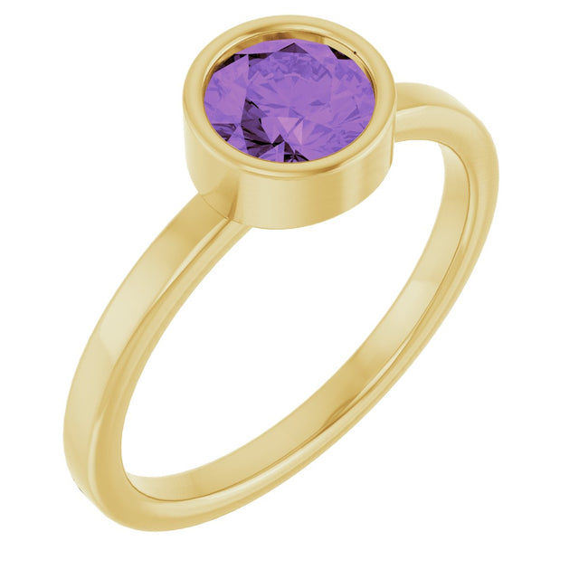 14K Gold Round Natural Amethyst Bezel-Set Solitaire Ring - Yellow Gold