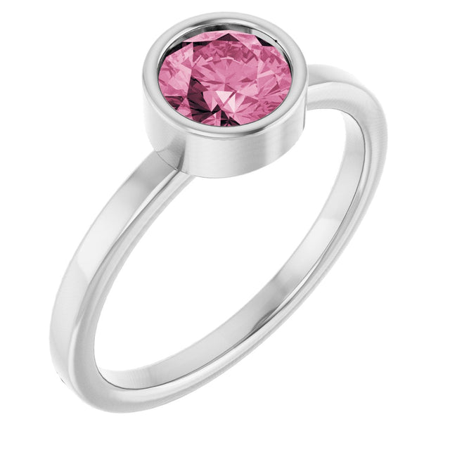 14K Gold Round Natural Pink Tourmaline Bezel-Set Solitaire Ring - White Gold