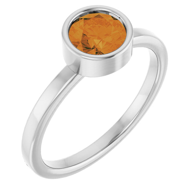 14K Gold Round Natural Citrine Bezel-Set Solitaire Ring - White Gold