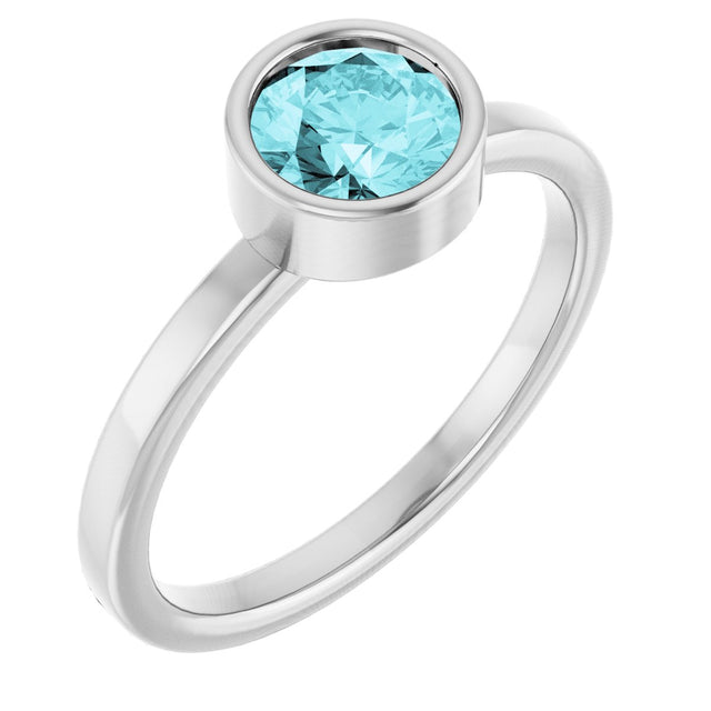 14K Gold Round Natural Blue Zircon Bezel-Set Solitaire Ring - White Gold