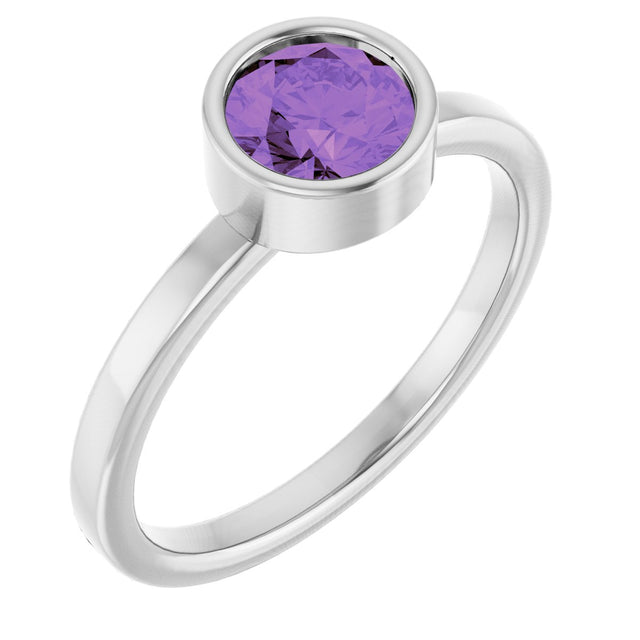 Platinum Round Natural Amethyst Bezel-Set Solitaire Ring