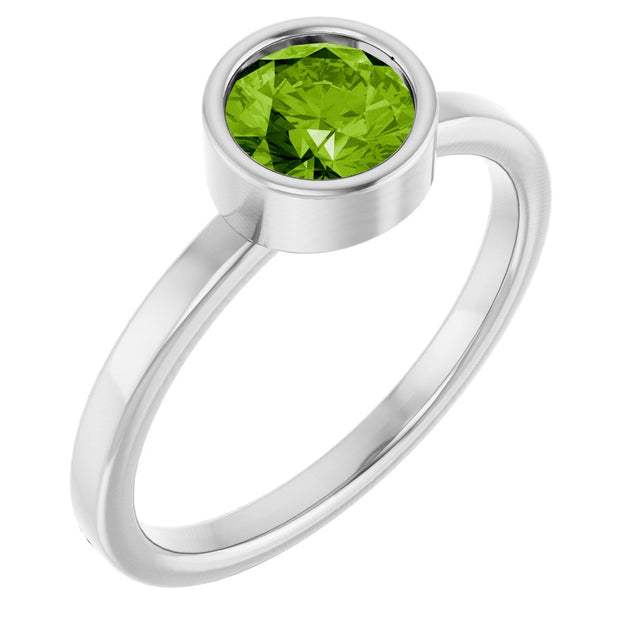 Platinum Round Natural Peridot Bezel-Set Solitaire Ring