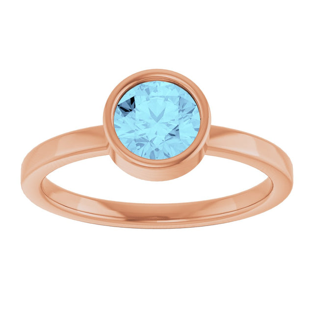 14K Gold Round Natural Aquamarine Bezel-Set Solitaire Ring - Rose Gold - view 3