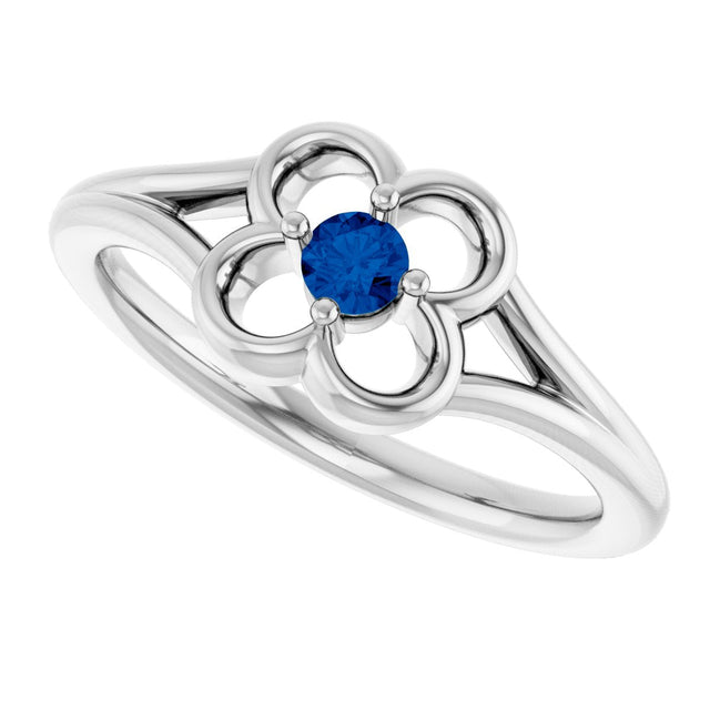 Platinum Round Natural Blue Sapphire Youth Flower Ring - view 5
