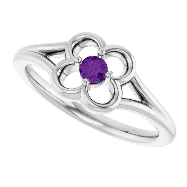 14K Gold Round Natural Amethyst Youth Flower Ring - White Gold - view 5