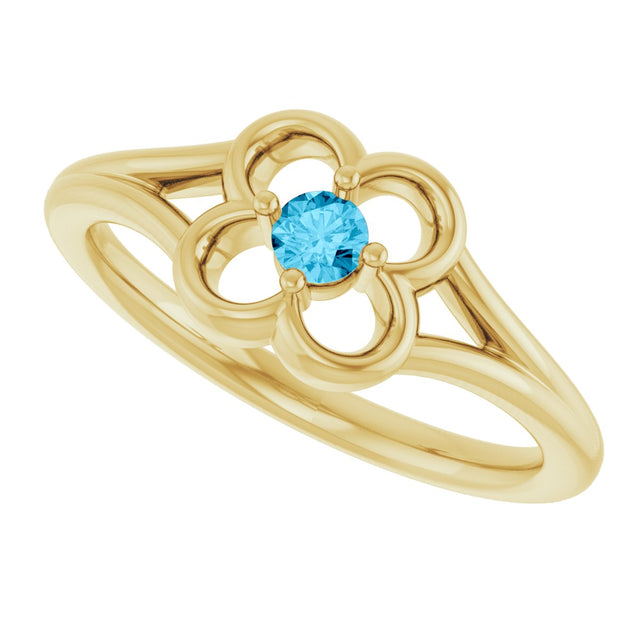 14K Gold Round Natural Aquamarine Youth Flower Ring - Yellow Gold - view 5