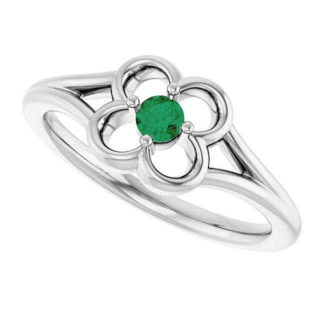 14K Gold Round Natural Emerald Youth Flower Ring - White Gold - view 5
