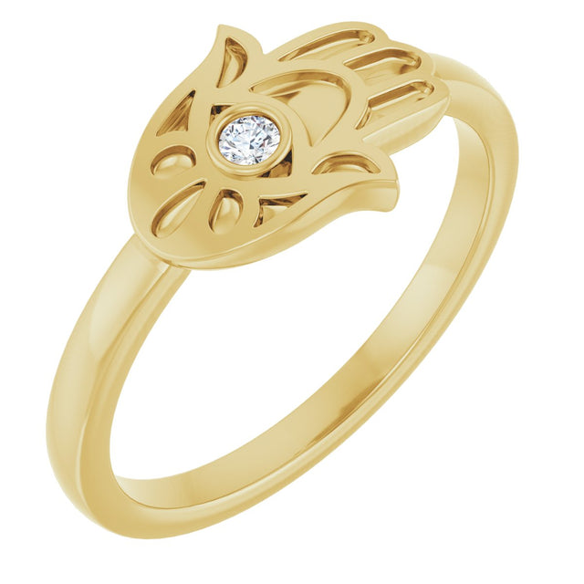 14K Gold Round Natural Diamond Hamsa Ring - Yellow Gold