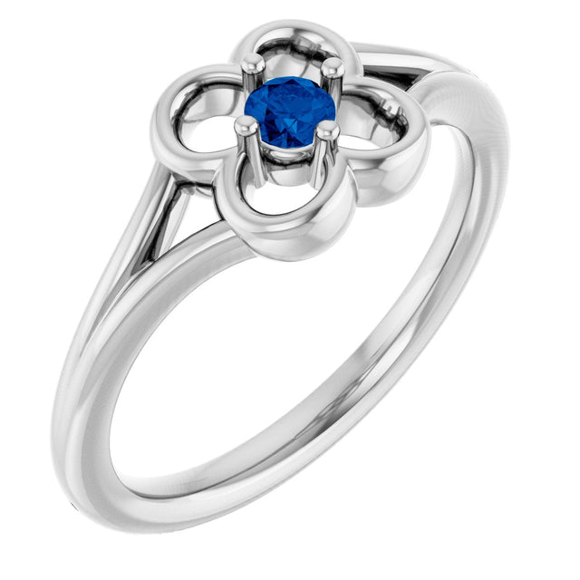 14K Gold Round Natural Blue Sapphire Youth Flower Ring - White Gold