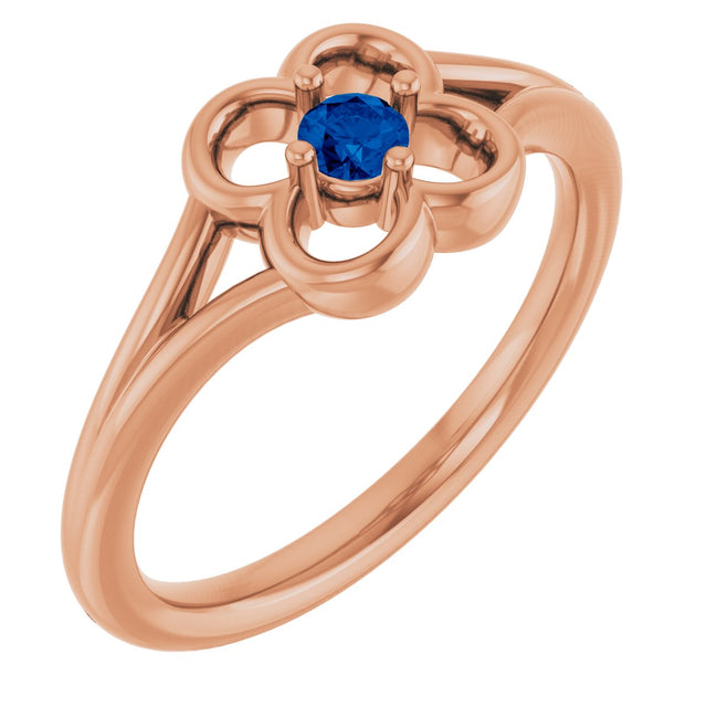 14K Gold Round Natural Blue Sapphire Youth Flower Ring - Rose Gold