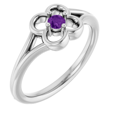 14K Gold Round Natural Amethyst Youth Flower Ring - White Gold