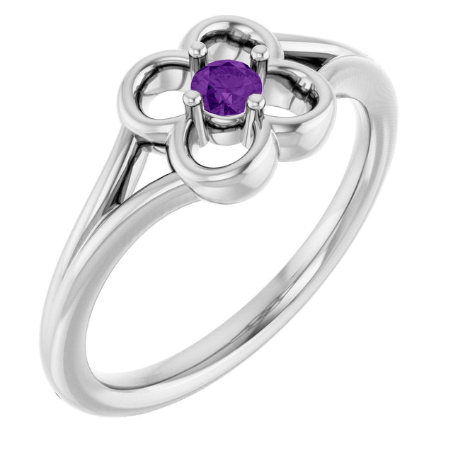 14K Gold Round Natural Amethyst Youth Flower Ring - White Gold