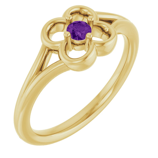 14K Gold Round Natural Amethyst Youth Flower Ring - Yellow Gold