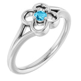 14K Gold Round Natural Aquamarine Youth Flower Ring - White Gold