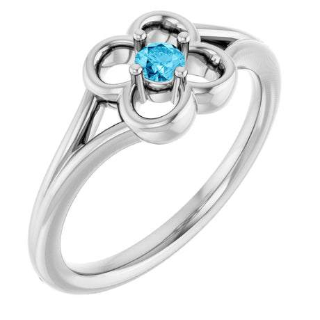14K Gold Round Natural Aquamarine Youth Flower Ring - White Gold