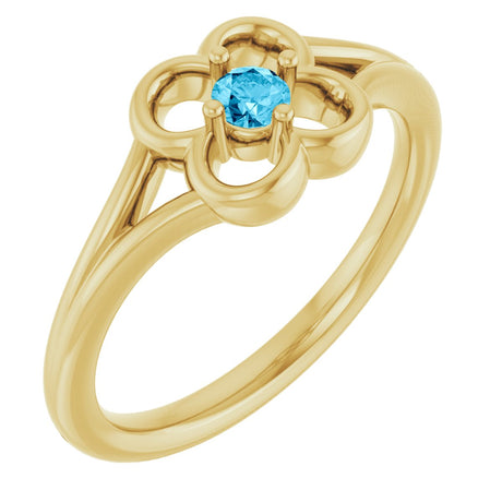 14K Gold Round Natural Aquamarine Youth Flower Ring - Yellow Gold