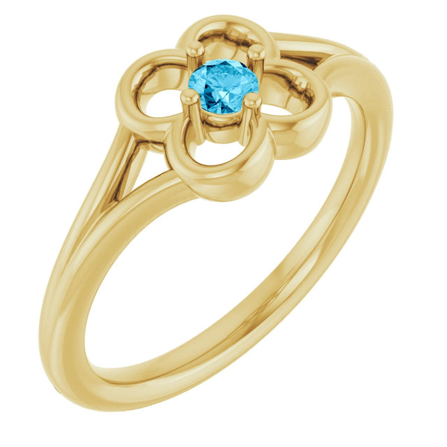 14K Gold Round Natural Aquamarine Youth Flower Ring - Yellow Gold