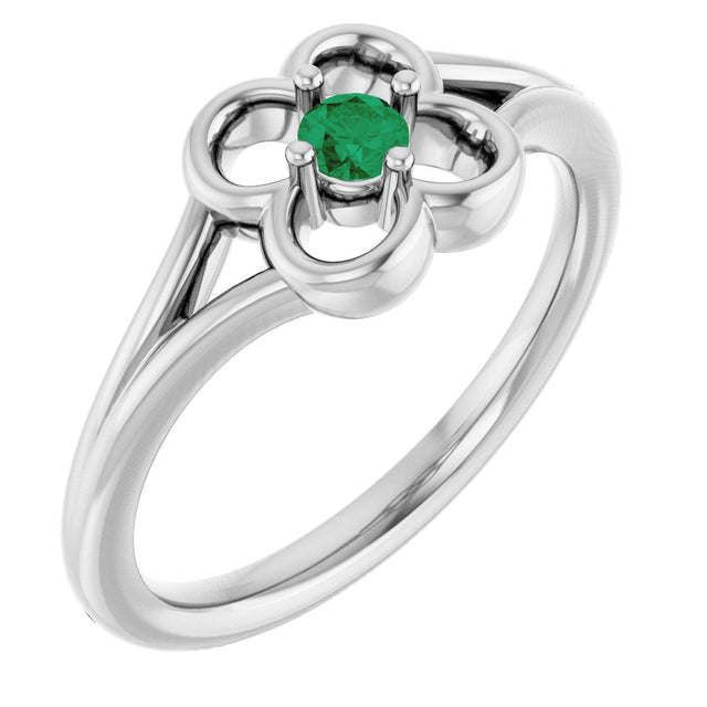 14K Gold Round Natural Emerald Youth Flower Ring - White Gold