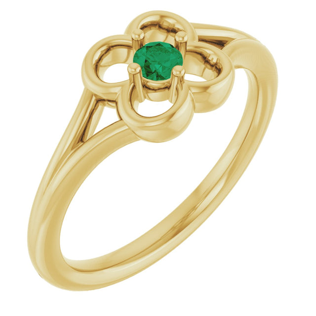 14K Gold Round Natural Emerald Youth Flower Ring - Yellow Gold
