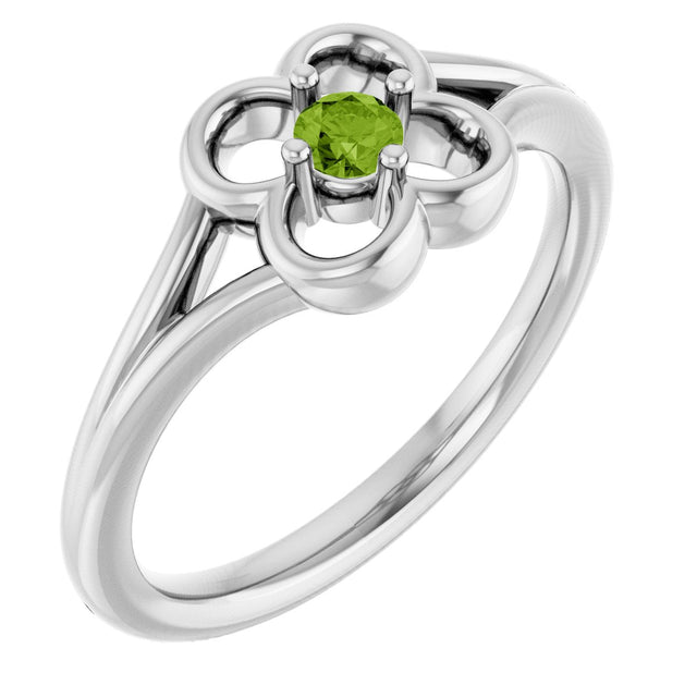 14K Gold Round Natural Peridot Youth Flower Ring - White Gold