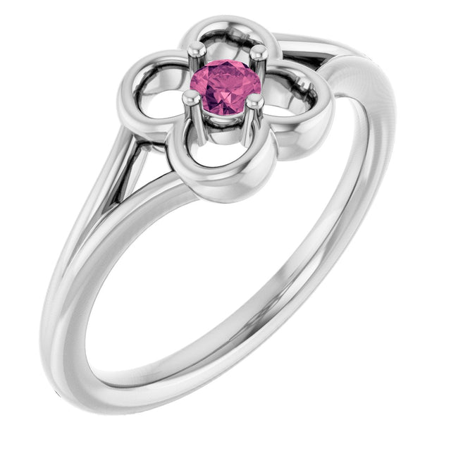 14K Gold Round Natural Pink Tourmaline Youth Flower Ring – 2.5mm Stones - White Gold