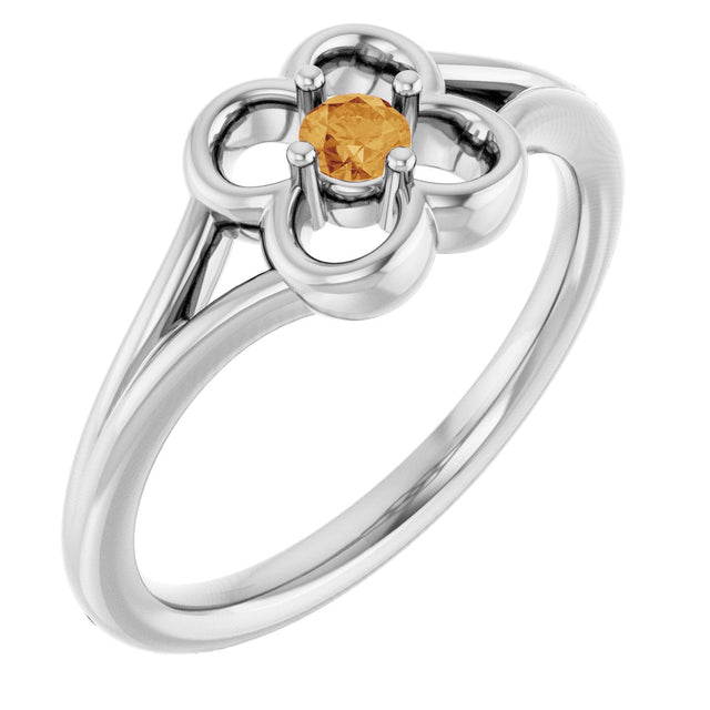 14K Gold Round Natural Citrine Youth Flower Ring - White Gold