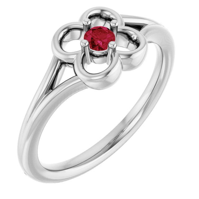 14K Gold Round Natural Ruby Youth Flower Ring - White Gold