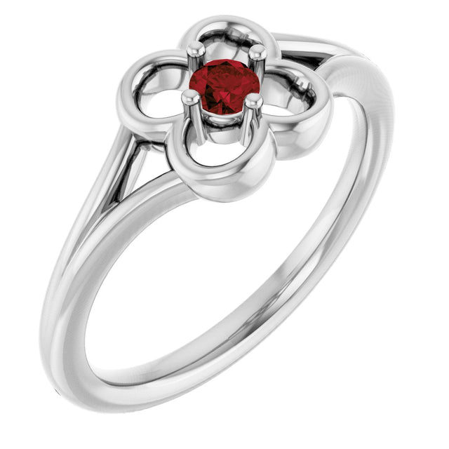 14K Gold Round Natural Mozambique Garnet Youth Flower Ring - White Gold