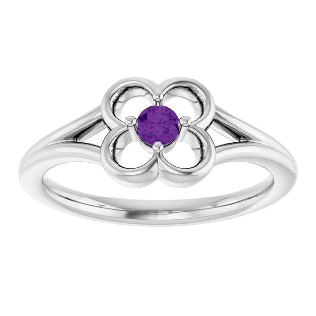14K Gold Round Natural Amethyst Youth Flower Ring - White Gold - view 3