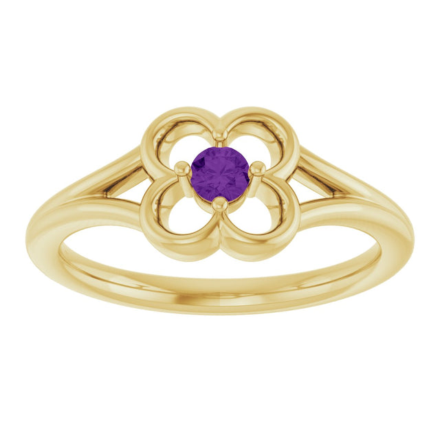 14K Gold Round Natural Amethyst Youth Flower Ring - Yellow Gold - view 3