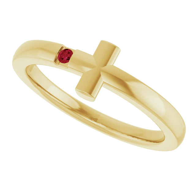 14K Gold Round Natural Ruby Youth Sideways Cross Ring - Yellow Gold - view 5