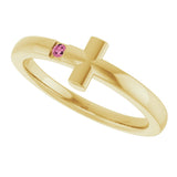 14K Gold Round Natural Pink Tourmaline Youth Sideways Cross Ring - Yellow Gold - view 5