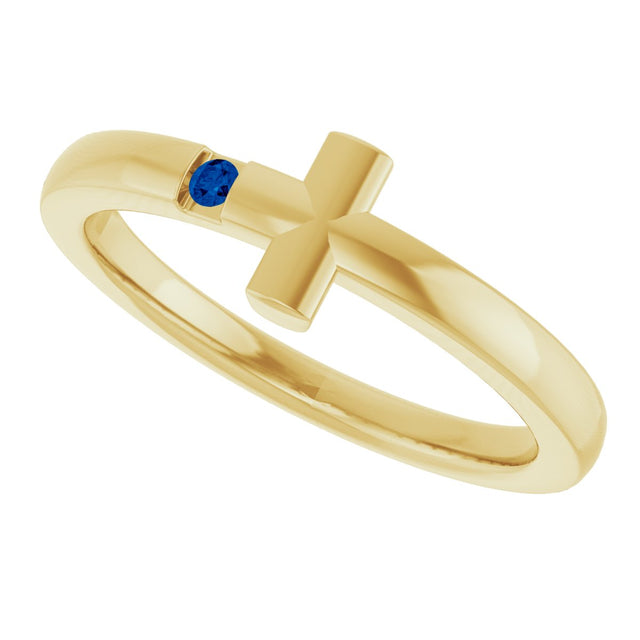 14K Gold Round Natural Blue Sapphire Youth Sideways Cross Ring - Yellow Gold - view 5