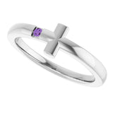 14K Gold Round Natural Amethyst Youth Sideways Cross Ring - White Gold - view 4