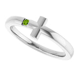 14K Gold Round Natural Peridot Youth Sideways Cross Ring - White Gold - view 4