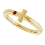 14K Gold Round Natural Mozambique Garnet Youth Sideways Cross Ring - Yellow Gold - view 4