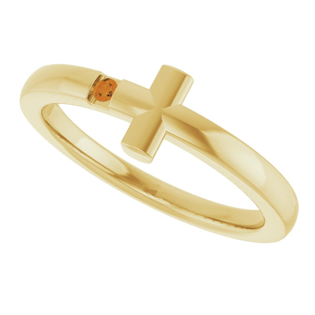 14K Gold Round Natural Citrine Youth Sideways Cross Ring - Yellow Gold - view 5