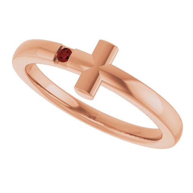 14K Gold Round Natural Mozambique Garnet Youth Sideways Cross Ring - Rose Gold - view 5